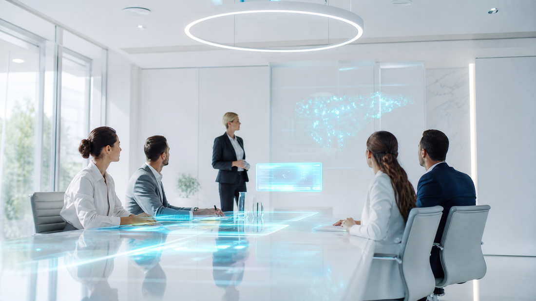 A modern boardroom with translucent screens showing AI investment data, blue light accents.