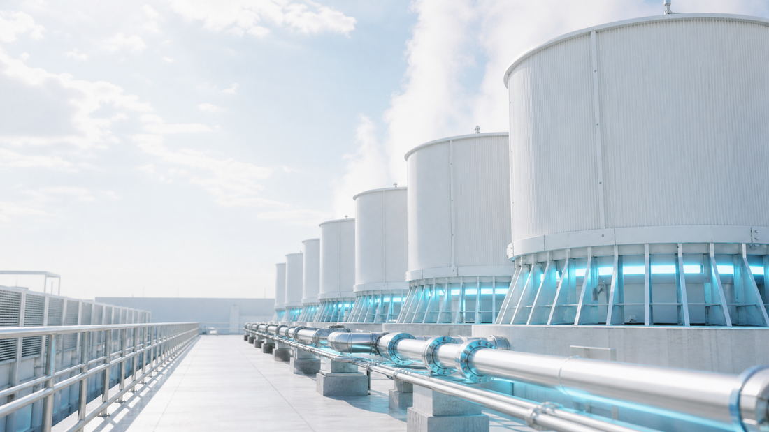 Rows of water pipes and cooling towers at a data center.