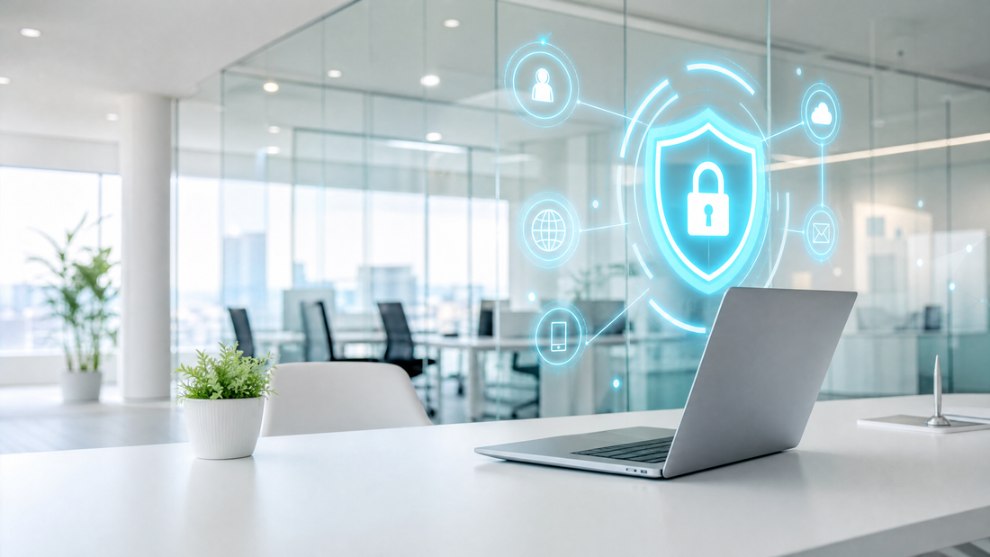 A bright, glass-walled office space with digital security icons floating in cyan light.