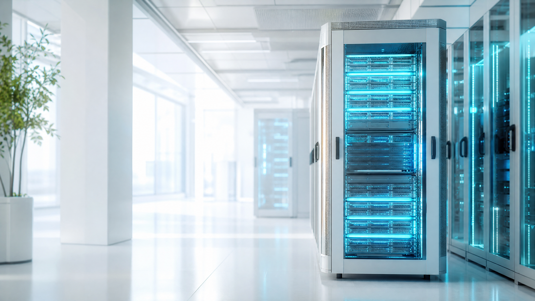 A glowing AI server rack in a bright modern data center, cyan light.