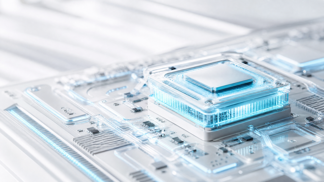 A close-up of a next-generation AI processor with cool cyan highlights.