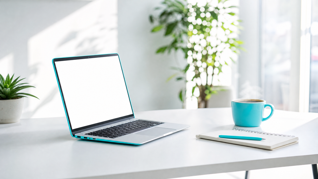 A sunlit desk with a laptop, coffee, notepad, and a touch of cyan color.