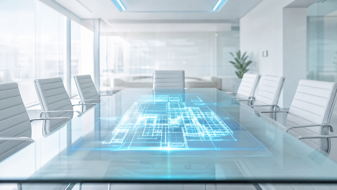 A glass conference table with digital blueprints projected above it, empty chairs around.