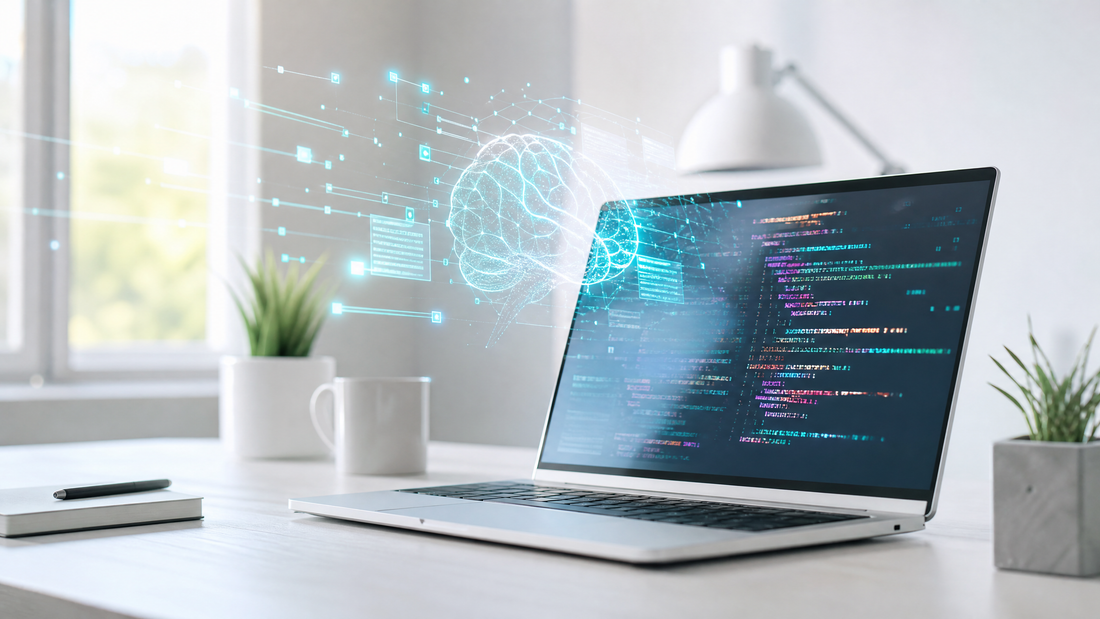 A laptop showing code with digital AI graphics overlaid.