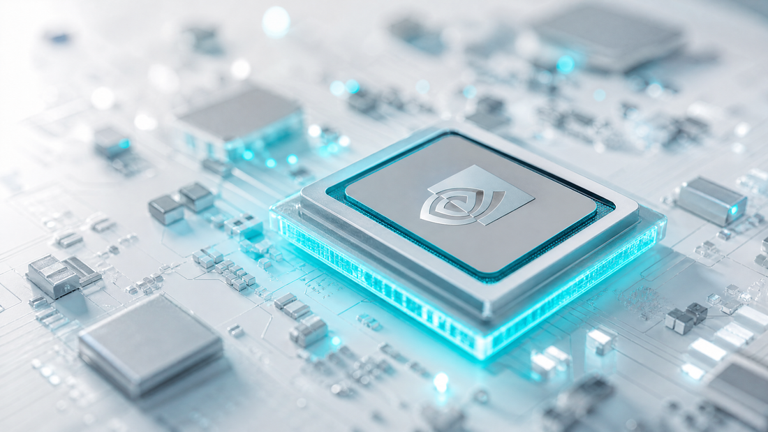 Closeup of a futuristic Nvidia AI chip, glowing with cyan light on a circuit board.